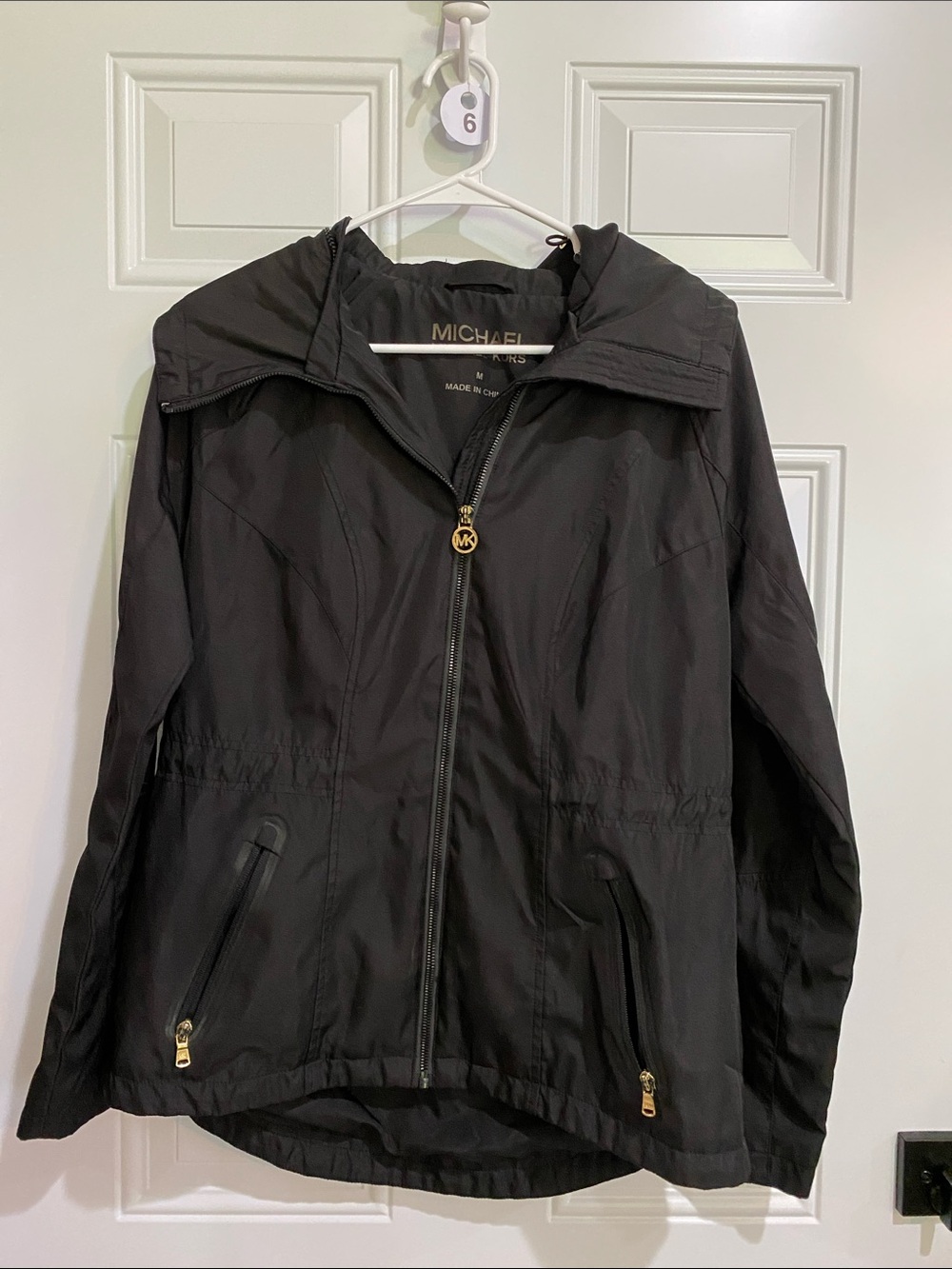 Michael Kors Black Hooded Zip-Up Coat with Gold Accents